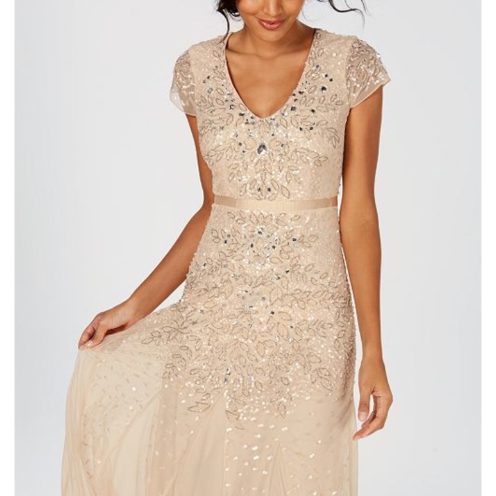Sz 14 Adrianna Papell beaded chiffon floor-length gown, Almond color, NWT